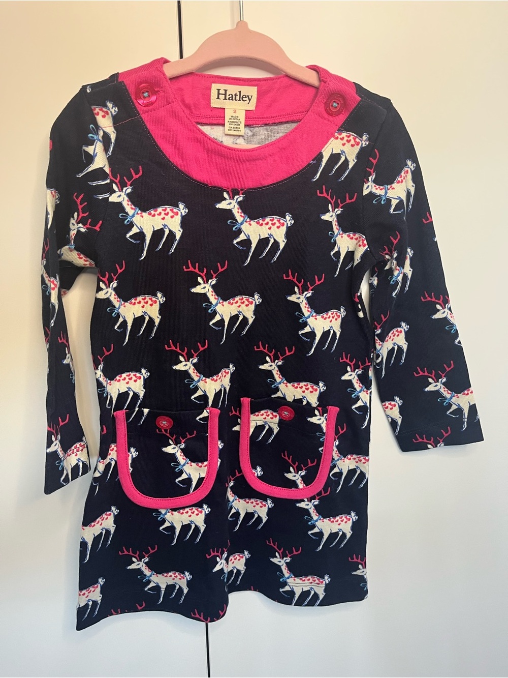 Hatley Navy Dress with Pink Trim and Reindeer Print